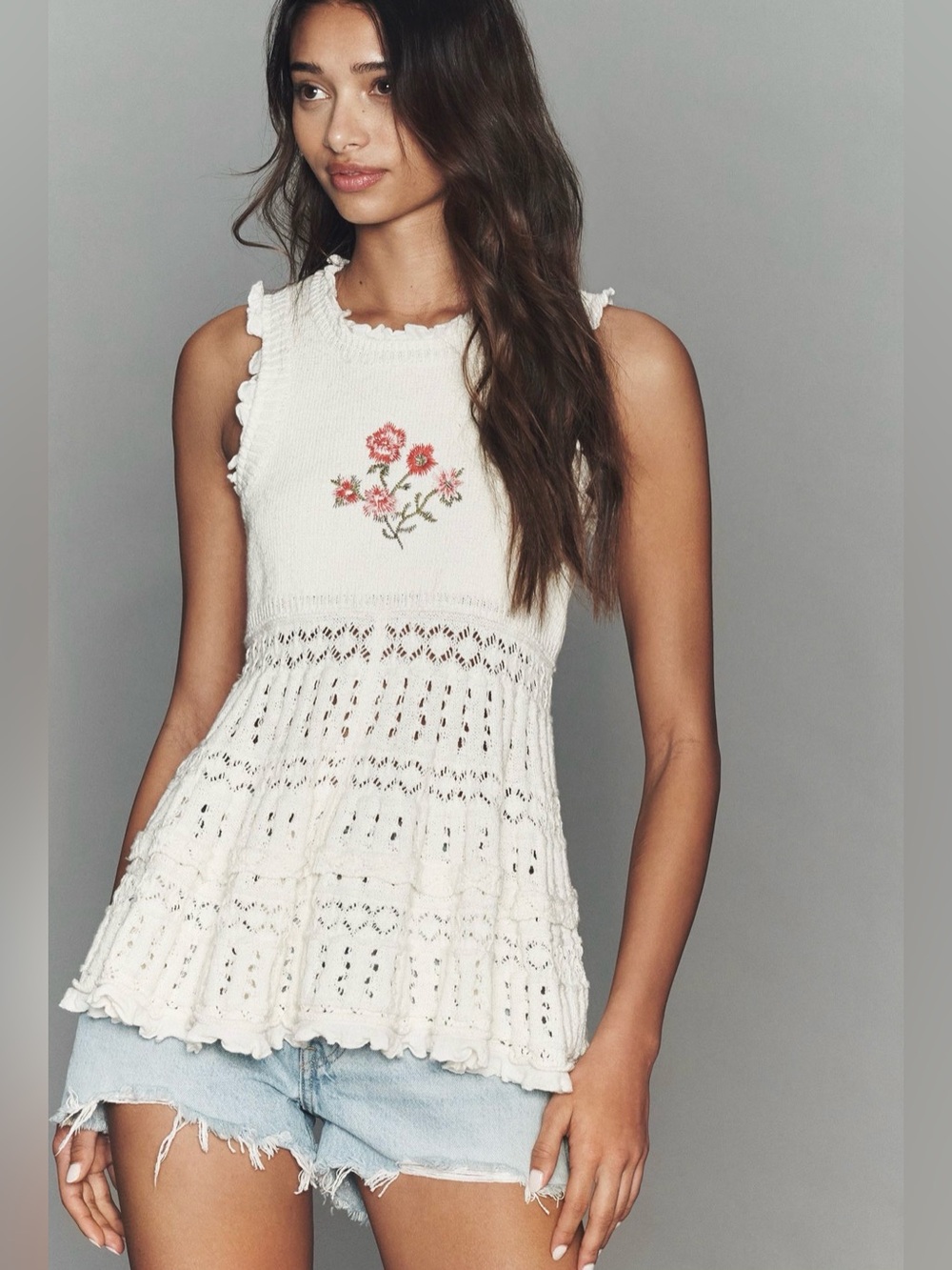 Anthropologie Sleeveless Pointelle Sweater in Ivory Roses